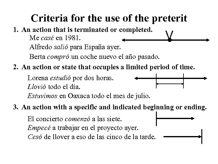 Criteria for the use of the preterit 1. An action that is terminated or