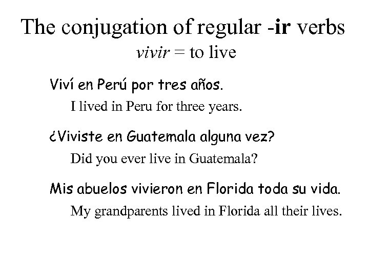 The conjugation of regular -ir verbs vivir = to live Viví en Perú por