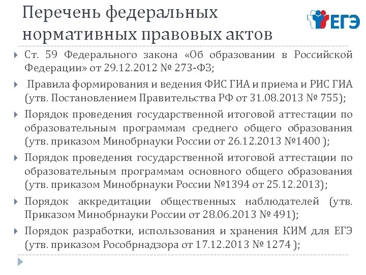 Перечень федеральных нормативных правовых актов Ст. 59 Федерального закона «Об образовании в Российской Федерации»