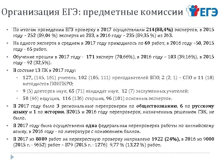 Организация ЕГЭ: предметные комиссии § По итогам проведения ЕГЭ проверку в 2017 осуществляли 214(88,