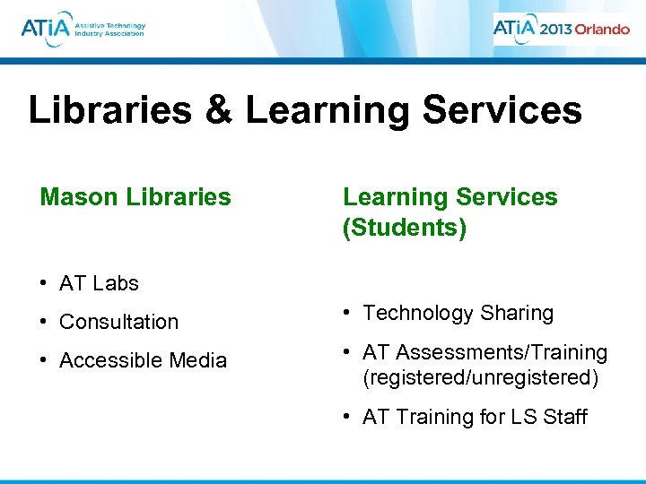 Libraries & Learning Services Mason Libraries Learning Services (Students) • AT Labs • Consultation