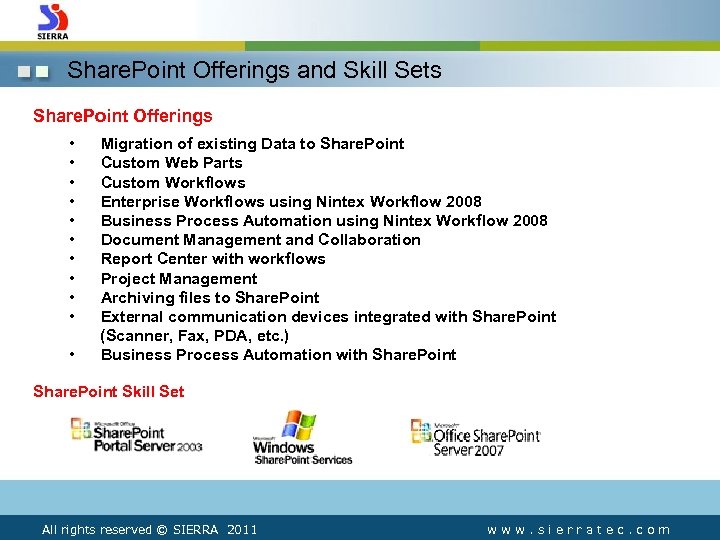 Share. Point Offerings and Skill Sets Share. Point Offerings • Migration of existing Data