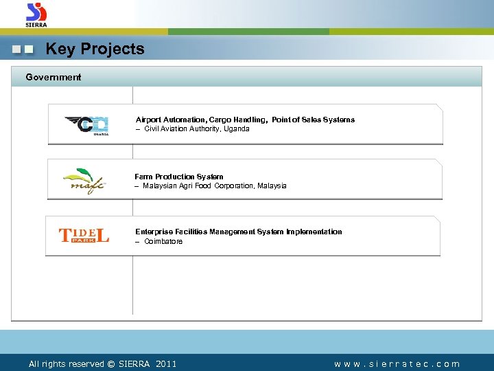 Key Projects Government Airport Automation, Cargo Handling, Point of Sales Systems – Civil Aviation