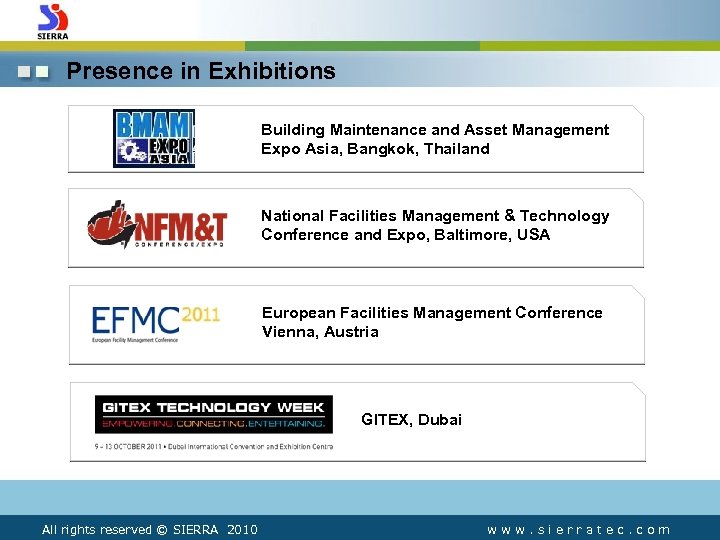 Presence in Exhibitions Building Maintenance and Asset Management Expo Asia, Bangkok, Thailand National Facilities