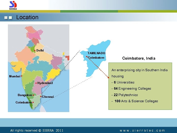 Location Delhi TAMILNADU Coimbatore, India An enterprising city in Southern India housing Mumbai Hyderabad