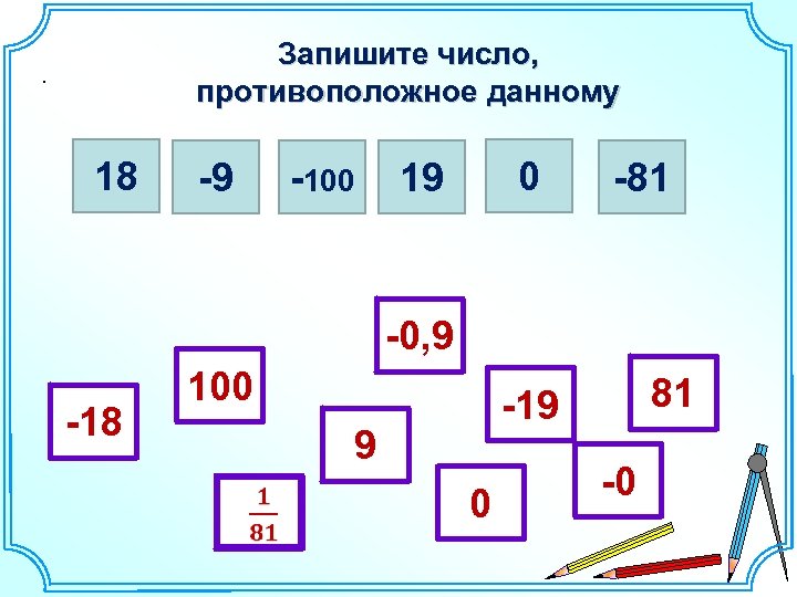 Запишите число, противоположное данному . 18 -9 -100 0 19 -81 -0, 9 -18