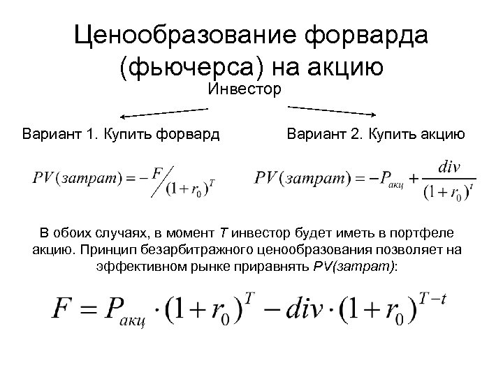 Ценообразование форварда (фьючерса) на акцию Инвестор Вариант 1. Купить форвард Вариант 2. Купить акцию