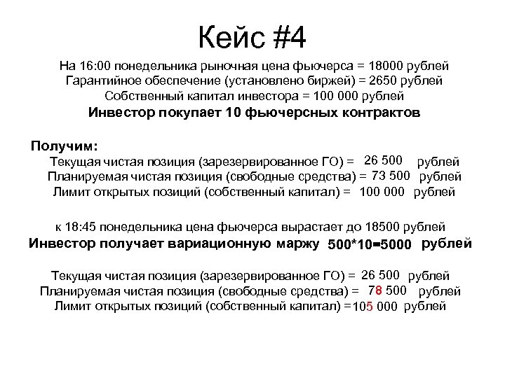 Кейс #4 На 16: 00 понедельника рыночная цена фьючерса = 18000 рублей Гарантийное обеспечение