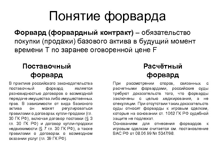Понятие форварда Форвард (форвардный контракт) – обязательство покупки (продажи) базового актива в будущий момент