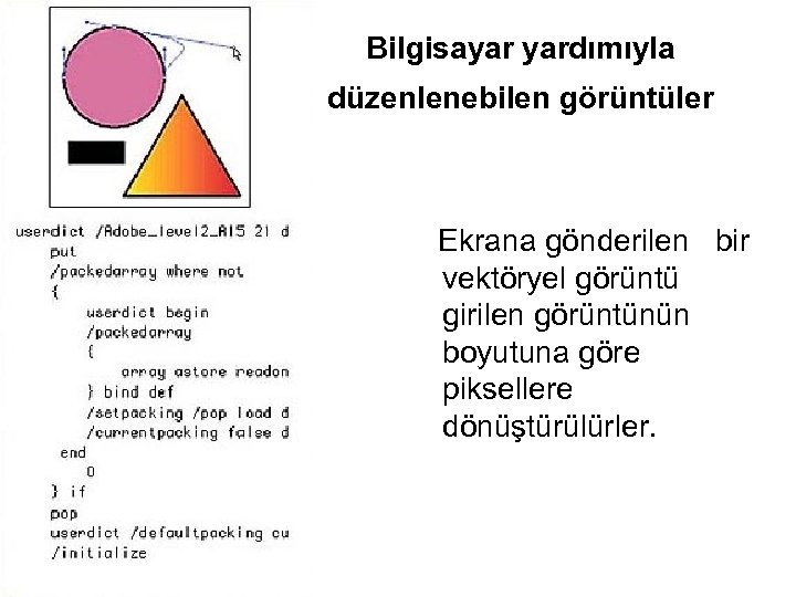 Bilgisayar yardımıyla düzenlenebilen görüntüler Ekrana gönderilen bir vektöryel görüntü girilen görüntünün boyutuna göre piksellere