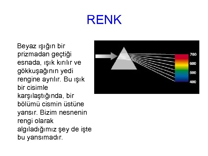 RENK Beyaz ışığın bir prizmadan geçtiği esnada, ışık kırılır ve gökkuşağının yedi rengine ayrılır.