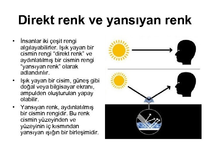 Direkt renk ve yansıyan renk • İnsanlar iki çeşit rengi algılayabilirler. Işık yayan bir