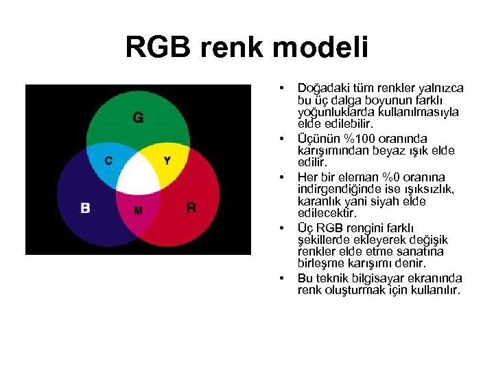 RGB renk modeli • • • Doğadaki tüm renkler yalnızca bu üç dalga boyunun