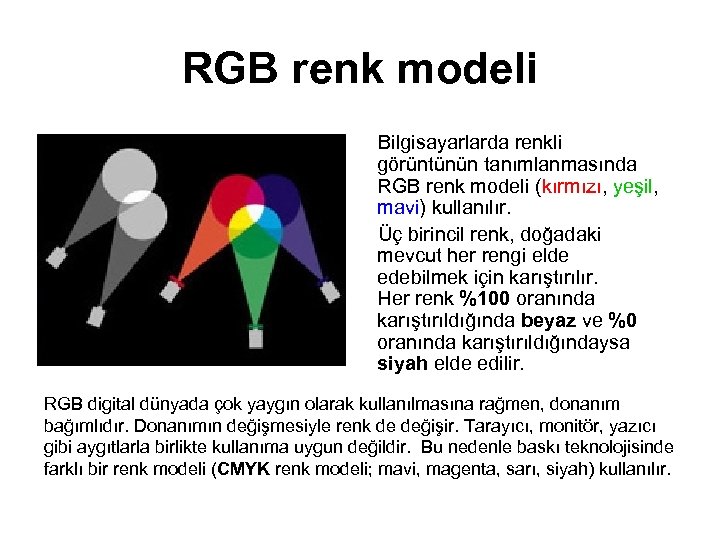 RGB renk modeli Bilgisayarlarda renkli görüntünün tanımlanmasında RGB renk modeli (kırmızı, yeşil, mavi) kullanılır.