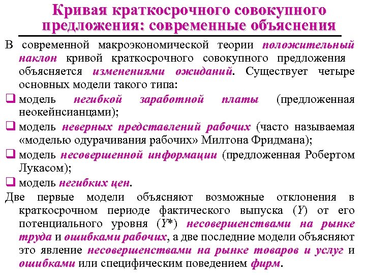 Кривая краткосрочного совокупного предложения: современные объяснения В современной макроэкономической теории положительный наклон кривой краткосрочного