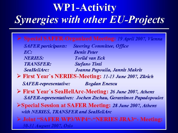 WP 1 -Activity Synergies with other EU-Projects Ø Special SAFER-Organized Meeting: 19 April 2007,