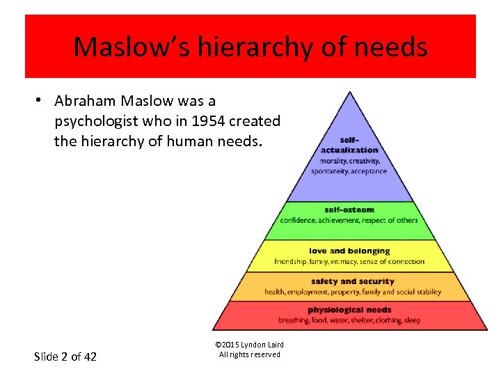 Maslow’s hierarchy of needs • Abraham Maslow was a psychologist who in 1954 created