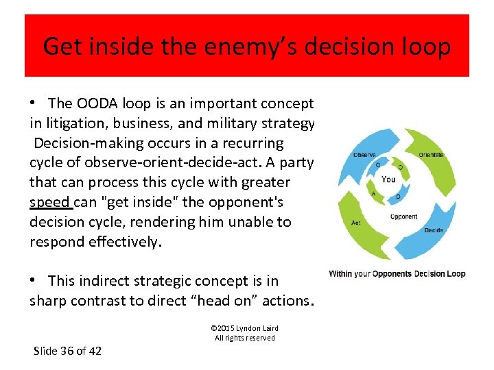 Get inside the enemy’s decision loop • The OODA loop is an important concept