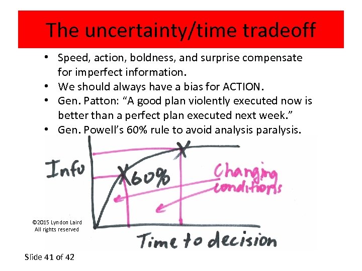 The uncertainty/time tradeoff • Speed, action, boldness, and surprise compensate for imperfect information. •