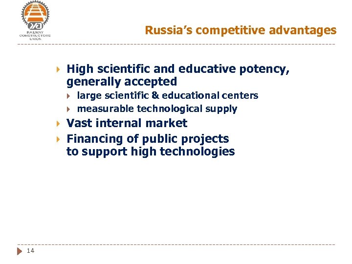 Russia’s competitive advantages High scientific and educative potency, generally accepted 14 large scientific &