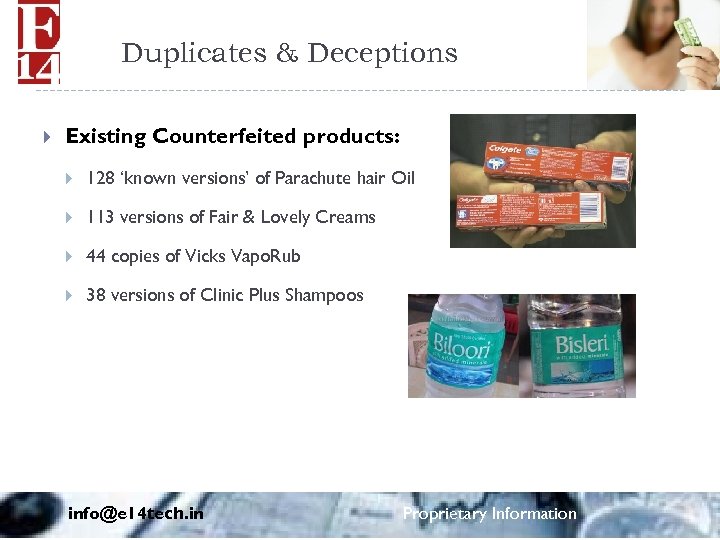 Duplicates & Deceptions Existing Counterfeited products: 128 ‘known versions’ of Parachute hair Oil 113