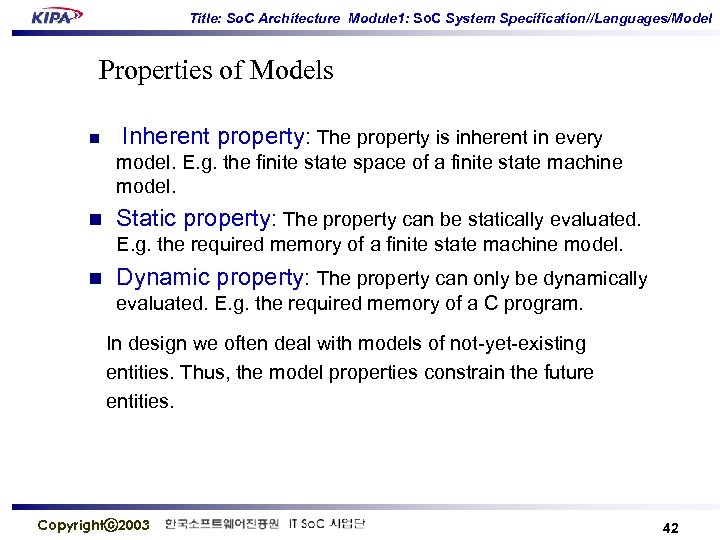Title: So. C Architecture Module 1: So. C System Specification//Languages/Model Properties of Models n