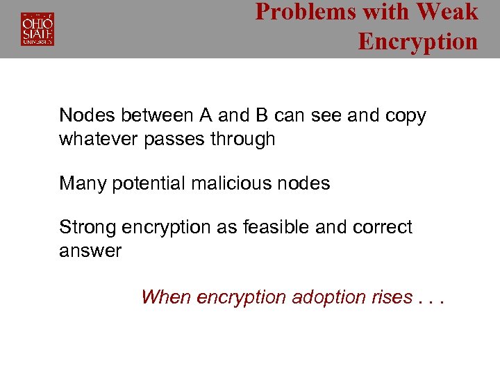 Problems with Weak Encryption Nodes between A and B can see and copy whatever