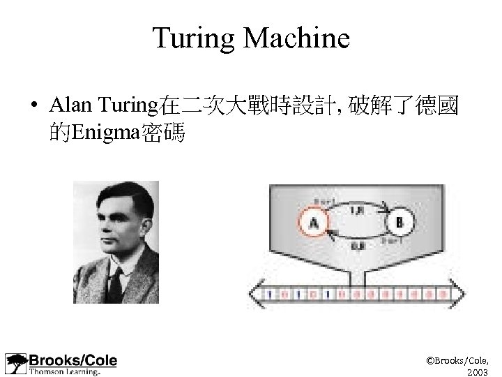 Turing Machine • Alan Turing在二次大戰時設計, 破解了德國 的Enigma密碼 ©Brooks/Cole, 2003 