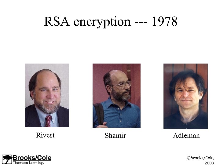 RSA encryption --- 1978 Rivest Shamir Adleman ©Brooks/Cole, 2003 