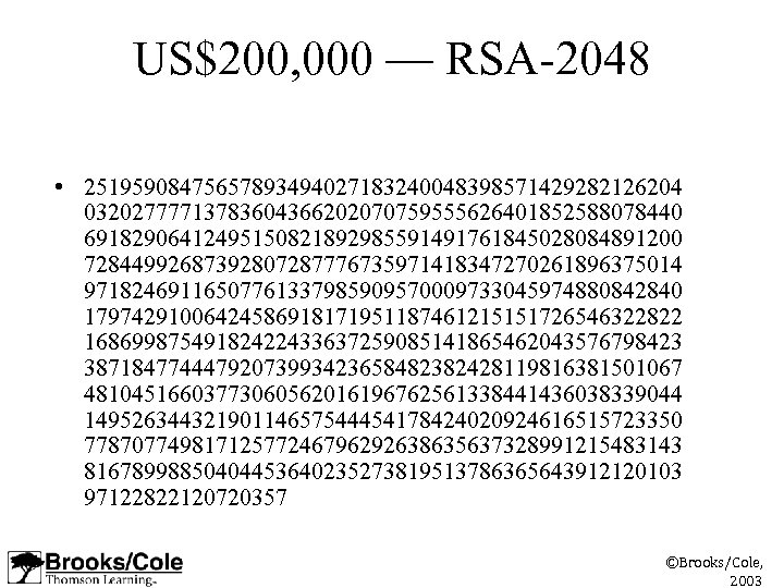US$200, 000 –– RSA-2048 • 25195908475657893494027183240048398571429282126204 03202777713783604366202070759555626401852588078440 69182906412495150821892985591491761845028084891200 72844992687392807287776735971418347270261896375014 97182469116507761337985909570009733045974880842840 17974291006424586918171951187461215151726546322822 16869987549182422433637259085141865462043576798423 38718477444792073993423658482382428119816381501067 48104516603773060562016196762561338441436038339044