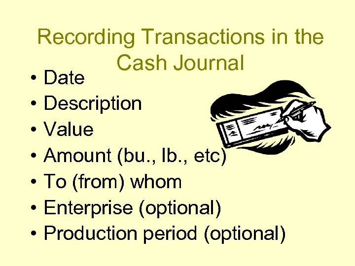 Recording Transactions in the Cash Journal • • Date Description Value Amount (bu. ,