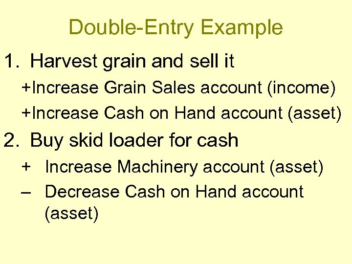 Double-Entry Example 1. Harvest grain and sell it +Increase Grain Sales account (income) +Increase