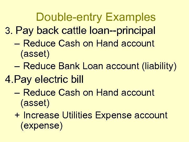 Double-entry Examples 3. Pay back cattle loan--principal – Reduce Cash on Hand account (asset)
