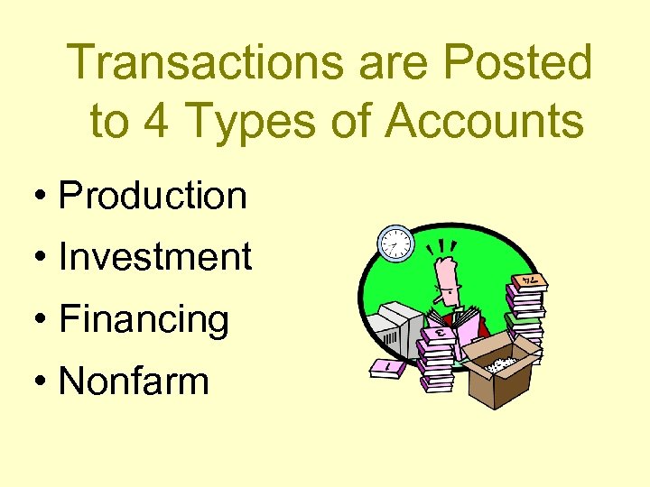 Transactions are Posted to 4 Types of Accounts • Production • Investment • Financing