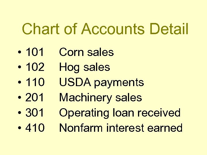 Chart of Accounts Detail • • • 101 102 110 201 301 410 Corn