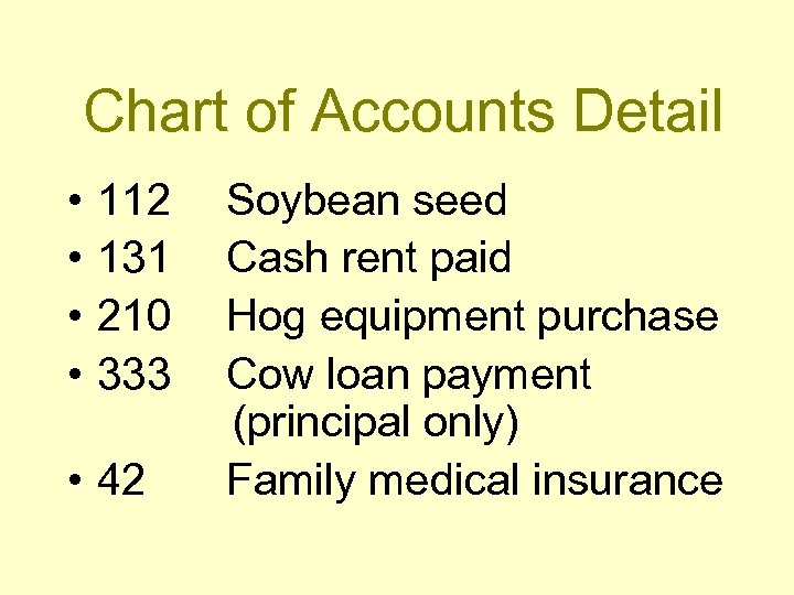 Chart of Accounts Detail • • 112 131 210 333 • 42 Soybean seed