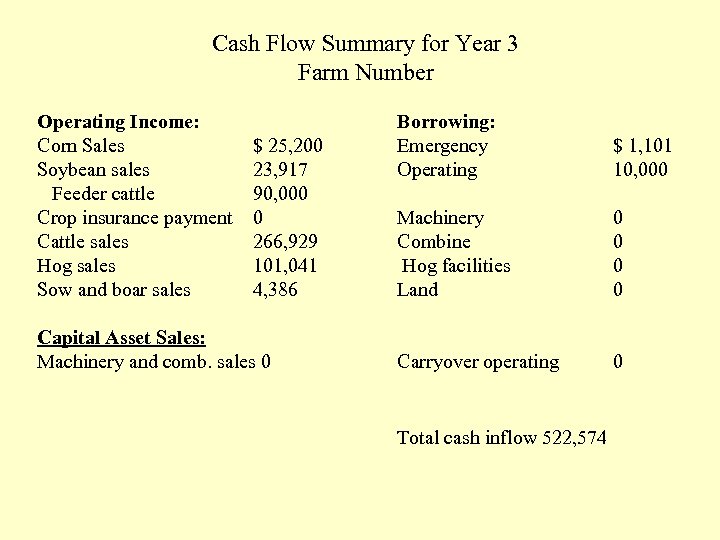 Cash Flow Summary for Year 3 Farm Number Operating Income: Corn Sales $ 25,