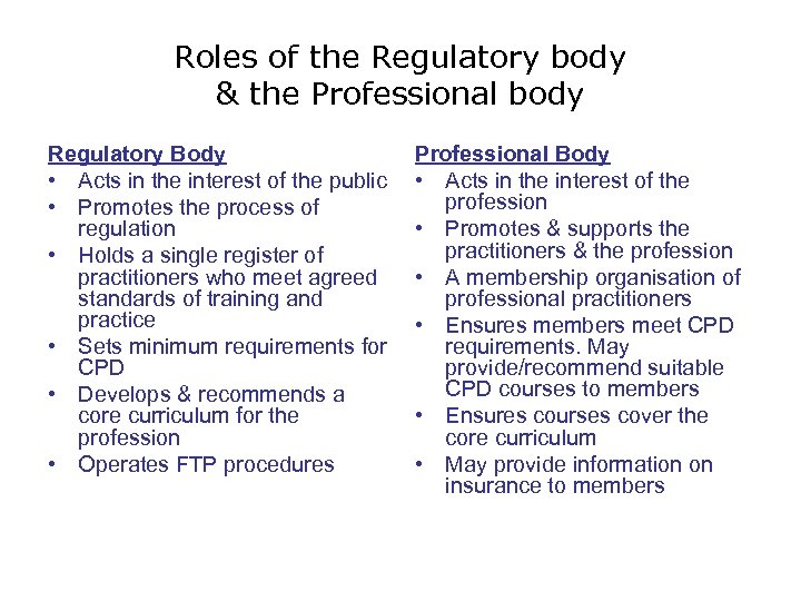 Roles of the Regulatory body & the Professional body Regulatory Body • Acts in