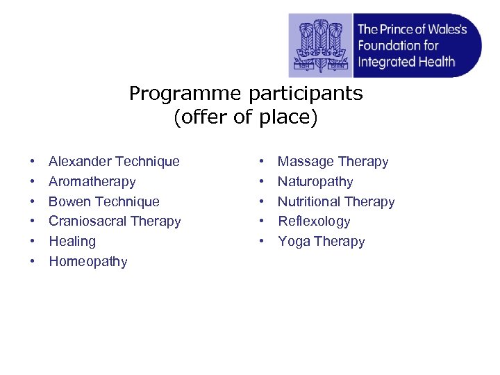 Programme participants (offer of place) • • • Alexander Technique Aromatherapy Bowen Technique Craniosacral