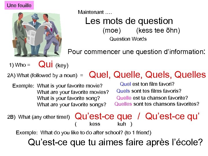 Une feuille Maintenant …. Les mots de question (moe) (kess tee õhn) Question Words