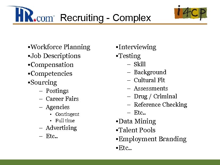 Recruiting - Complex • Workforce Planning • Job Descriptions • Compensation • Competencies •
