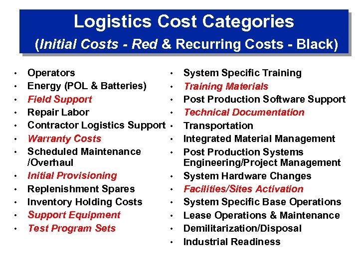 Logistics Cost Categories (Initial Costs - Red & Recurring Costs - Black) • •