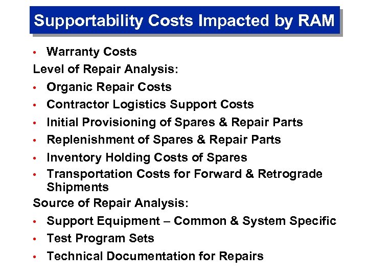 Supportability Costs Impacted by RAM Warranty Costs Level of Repair Analysis: • Organic Repair