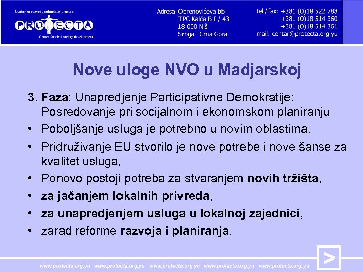 Nove uloge NVO u Madjarskoj 3. Faza: Unapredjenje Participativne Demokratije: Posredovanje pri socijalnom i