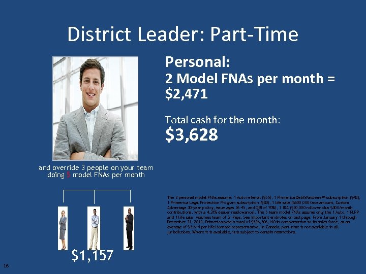 District Leader: Part-Time Personal: 2 Model FNAs per month = $2, 471 Total cash
