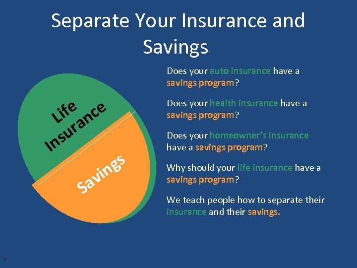 Separate Your Insurance and Savings Does your auto insurance have a savings program? ife