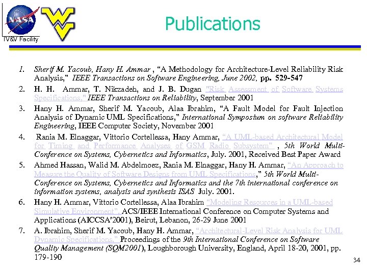 Publications IV&V Facility 1. 2. 3. 4. 5. 6. 7. Sherif M. Yacoub, Hany