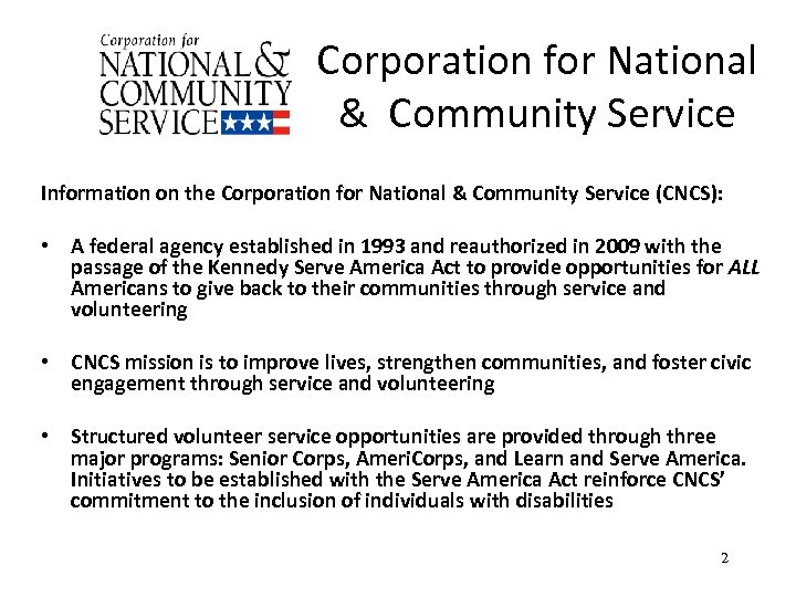 Corporation for National & Community Service Information on the Corporation for National & Community