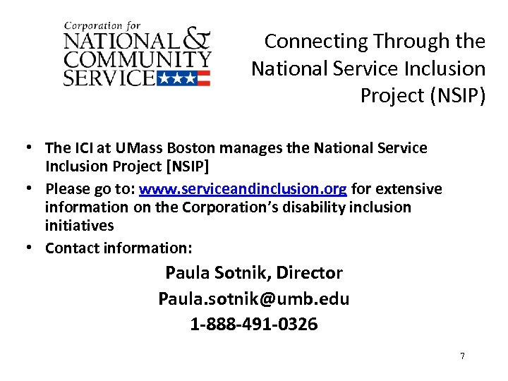  Connecting Through the National Service Inclusion Project (NSIP) • The ICI at UMass