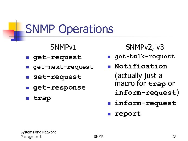 SNMP Operations n SNMPv 1 get-request n get-next-request n n n SNMPv 2, v